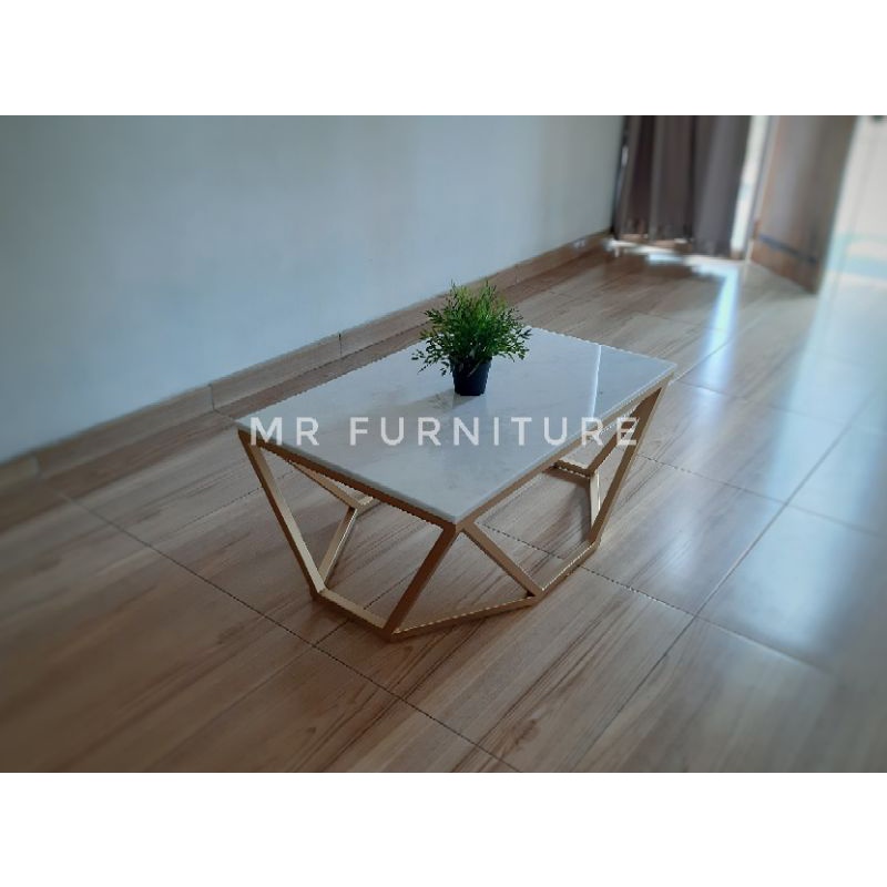 Meja Tamu Marmer Kaki Besi Gold Segi Delapan