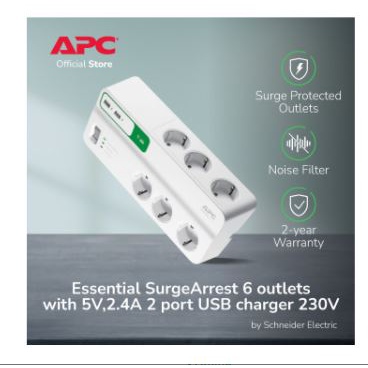 Surge protector Apc schneider 6 Ac outlet 72KA 2 usb port 2.4a 2m cable ground ok overload pm6u-gr - Stop kontak power strip