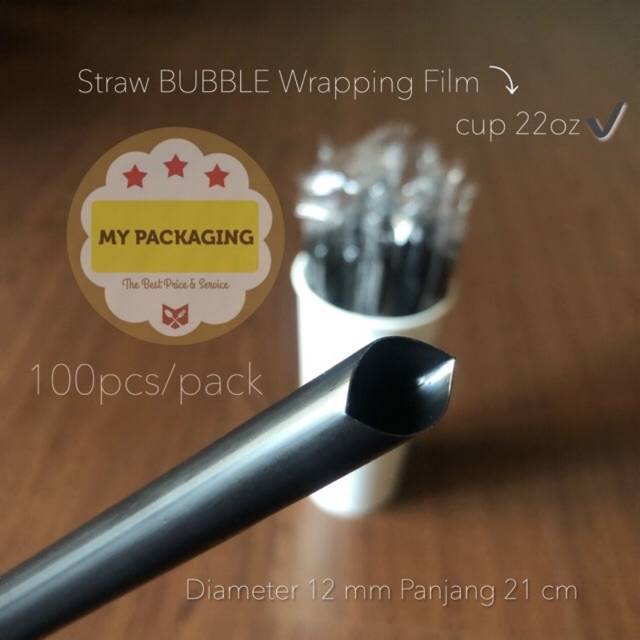 Sedotan Bubble BOBA Steril Bungkus Plastik Lurus Runcing 12mm 21cm isi 100pcs/pack kuat bersih tidak mudah sobek