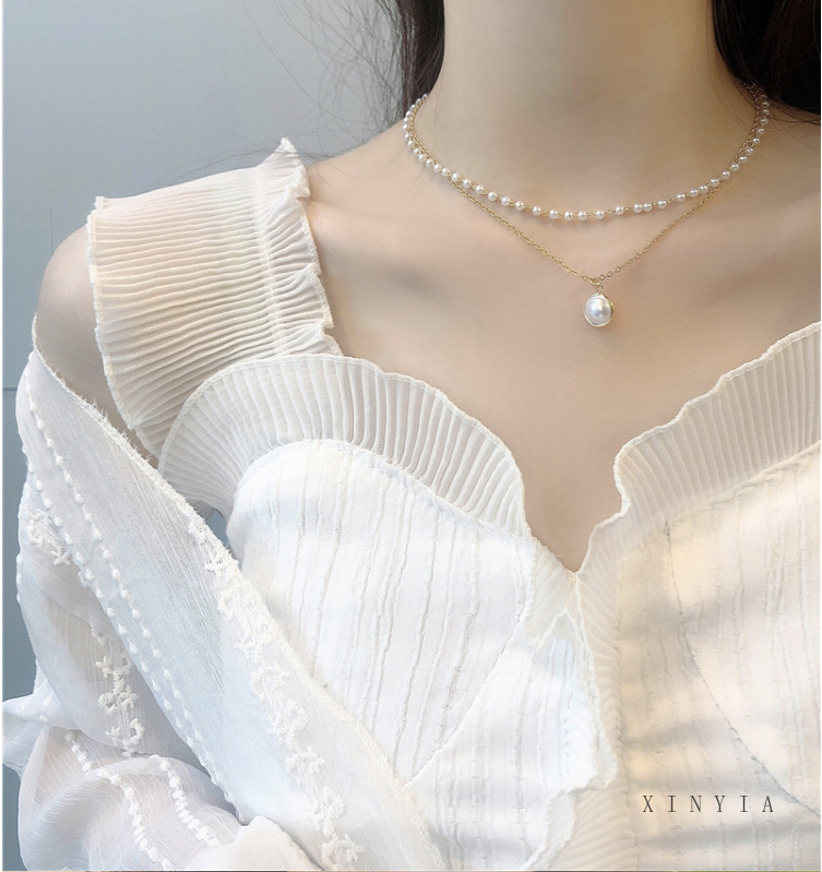 Fashion Retro Mutiara Logam Gaya Korea Kunci Kalung Multilayer Liontin Wanita Rantai Emas Kalung Perhiasan Aksesoris