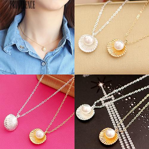 [Bayar Di Tempat]Elegan Faux Pearl Shell Charm Dipoles Kalung