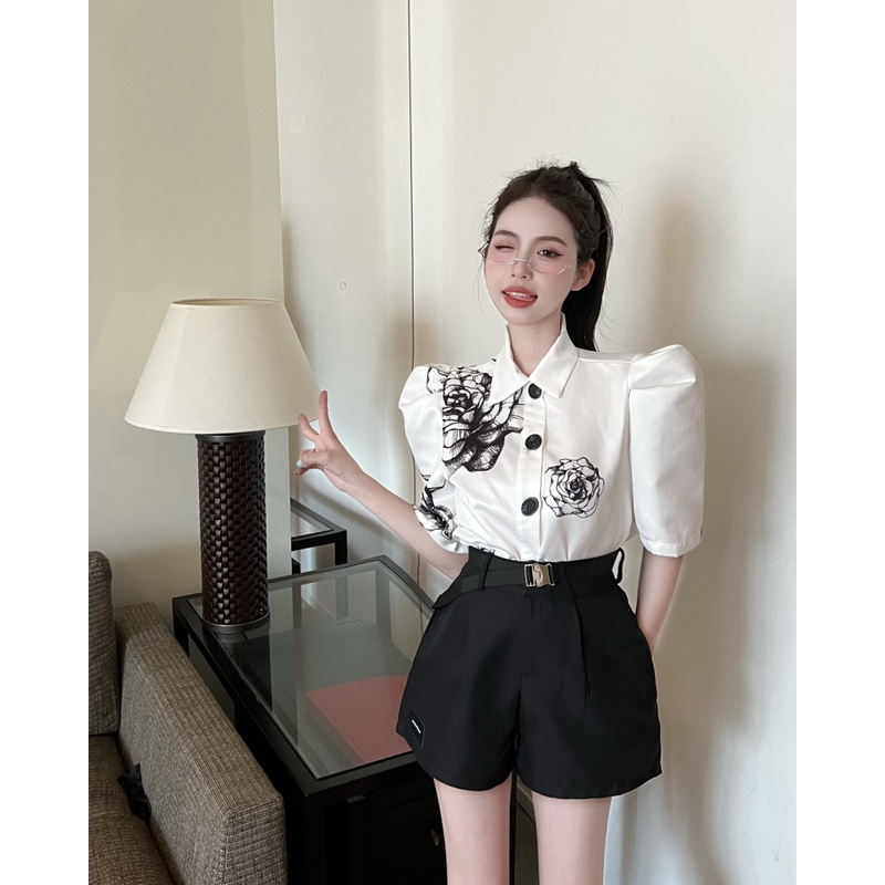 Strawberry Hitam ~ Versi Korea Lukisan Tinta Bunga Cetak Bahu Pad Puff Lengan Kemeja Top + Pinggang