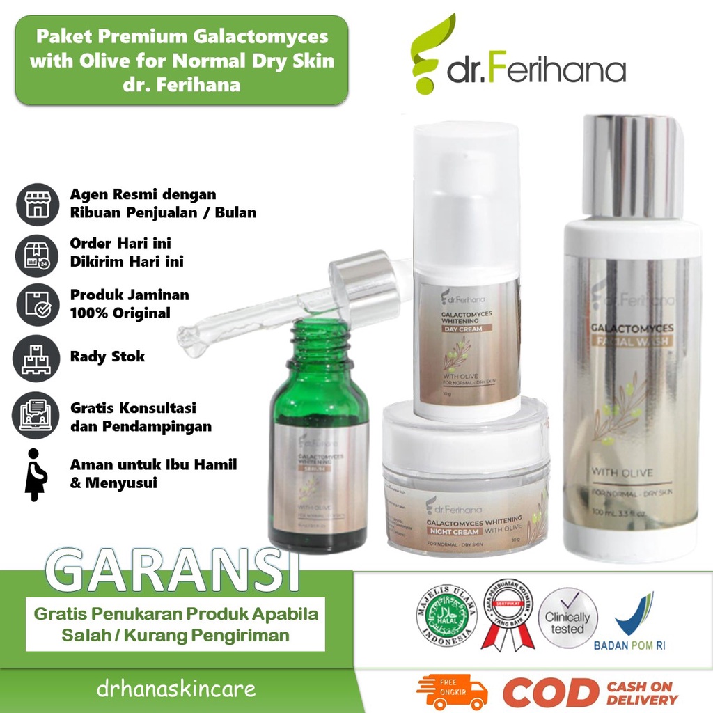 Paket Premium Galactomyces Brightening &amp; Flex for Normal To Dry Skin dr. Ferihana Cosmetics &amp; Skincare Rangkaian Perawatan Wajah untuk Kulit Normal Kering Kombinasi untuk Mencerahkan Memudarkan Flek Anti Aging dan Keriput BPOM LPPOM HALAL MUI