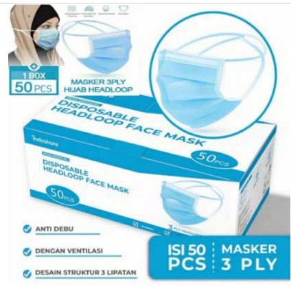 Masker 3 ply hijab headloop - masker hijab murah MASKER HIJAB FACE MASK 3 PLY 1 BOX 50PC