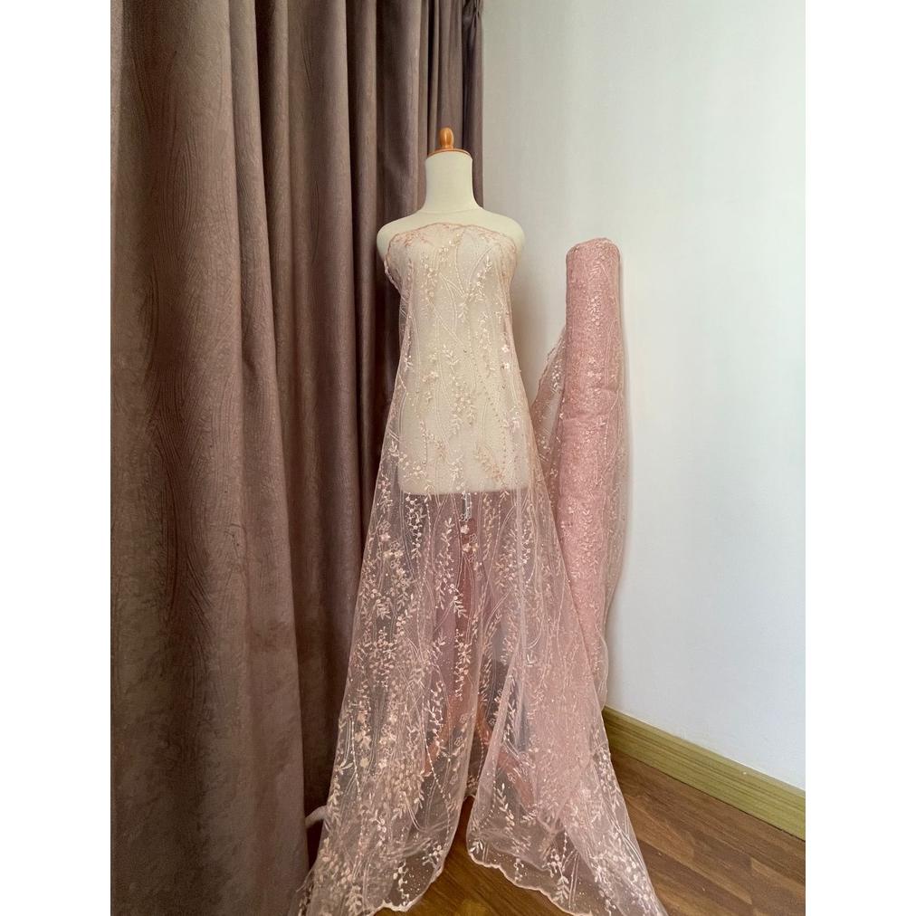 Bahan Kain Kebaya Brokat Brukat Tile Mutiara Mahogany Warna Hijau Sage Green