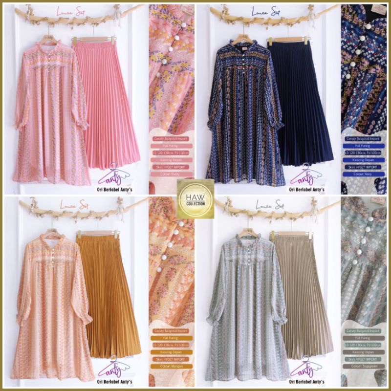 Baju Satu Set Wanita Tunik Ceruty Babydoll Import Louisa Set Original By Anty's Setelan Rok Plisket 