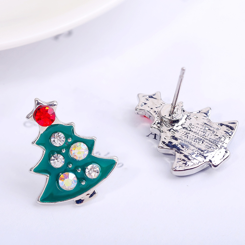 Hu Hu Hu Hu Hu Alat Bantu Pasang Kacamata♡ Anting Stud Desain Pohon Natal Bahan Alloy Aksen Berlian Imitasi Untuk Wanita