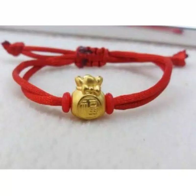 Gelang EMAS HONGKONG HK 24 karat money bag tali merah keberuntungan