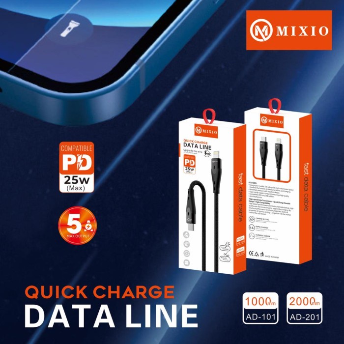 Kabel Charger Nylon MIXIO 2M PD Fast Charging USB Type C to Lightning