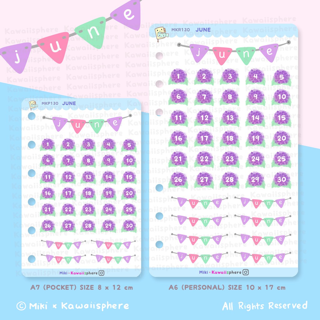 

June 1 Month Planning Calendar | A6 / A7 Ring Binder Planner Refill Sticker | Kawaiisphere
