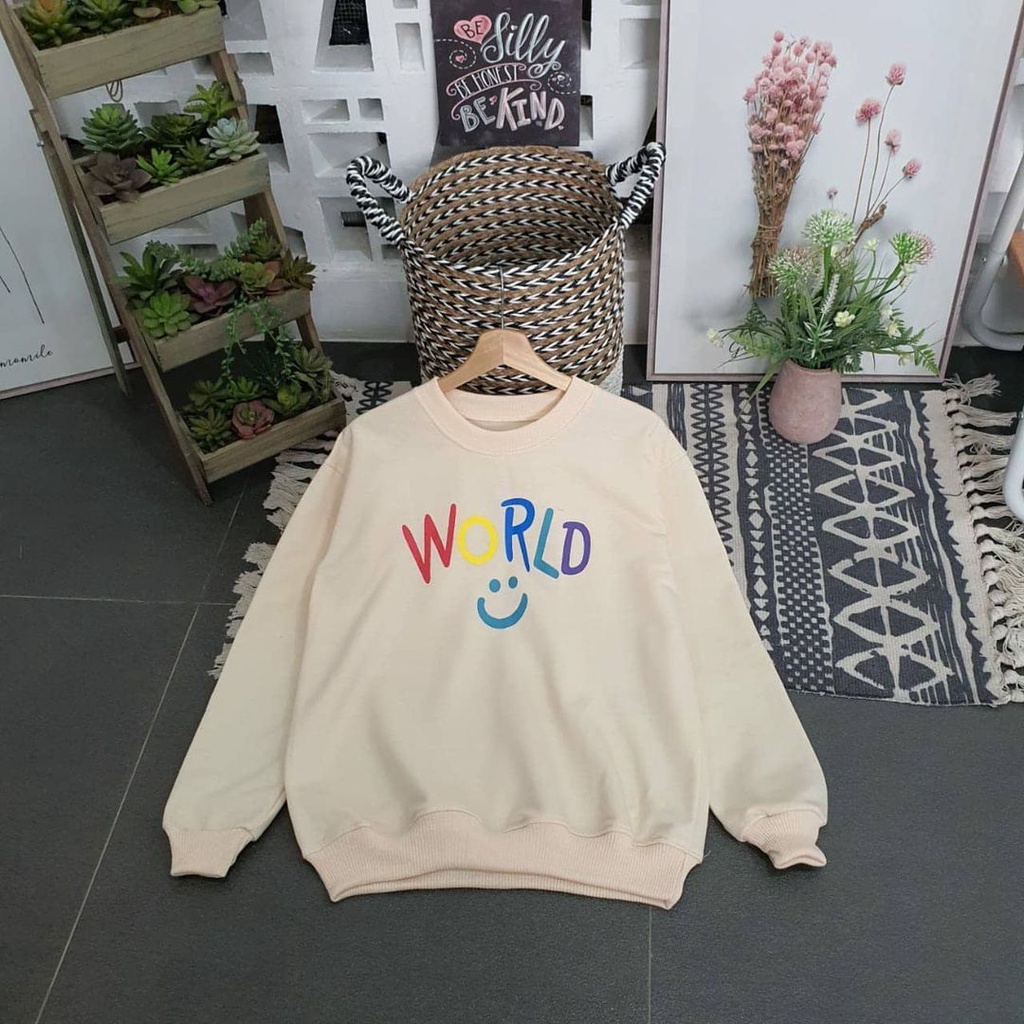 Zanah Sweater World Smile Sweatshirt Oblong Crewneck Bahan Fleece