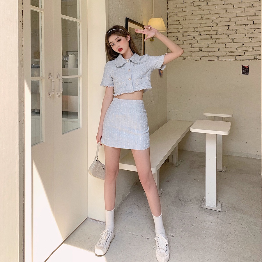 Setelan Wanita Korea Fashion Retro Crop Jaket Atasan Kemeja Lengan Pendek/High Waist A-line Mini Rok Skirt Set