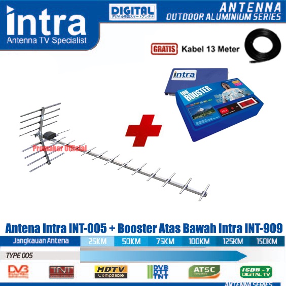 Paket Antena Tv Digital Luar Intra INT-005 + Booster Atas Bawah INT-909 Free Kabel 13 Meter Original