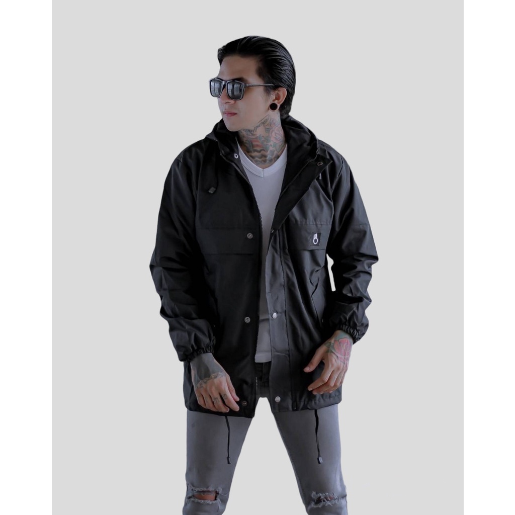 DOUBLE ONE - Jaket Hoodie Pria Outdoor Taslan Original The Bojiel / Jaket Parka Parasut / Jaket Hoodie Waterproof Hitam