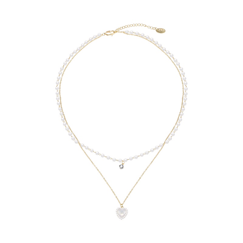 Kalung Choker Rantai Emas Liontin Hati Mutiara Lapisan Ganda Elegan Untuk Aksesoris Perhiasan Wanita