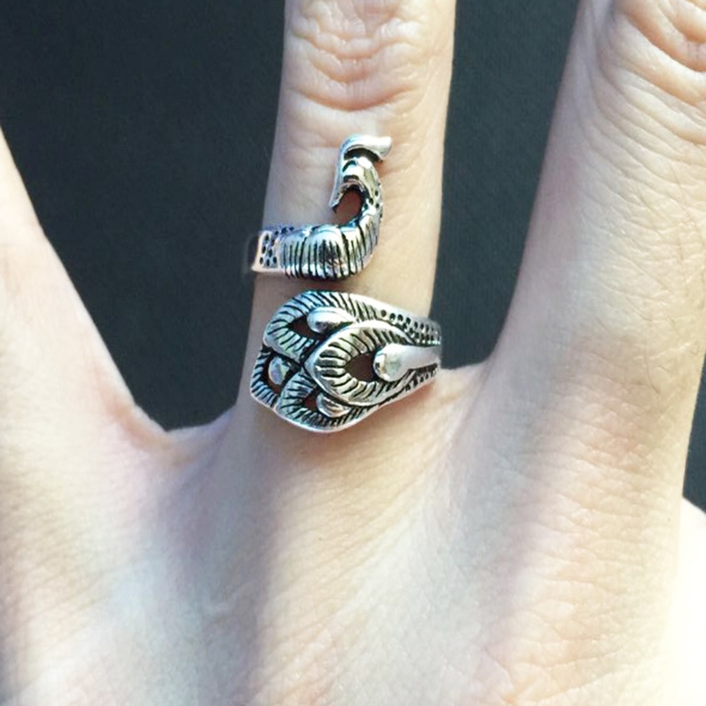 Huluboy Cincin Terbuka Adjustable Model Burung Phoenix Gaya Retro Untuk Unisex / Pria / Wanita