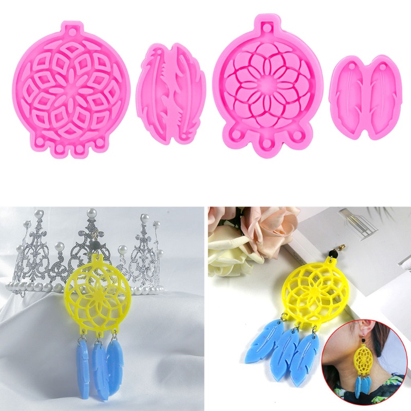 SIY  4 Pcs/Set Dream Catcher Feather Pendant Epoxy Resin Mold Earrings Necklace Keychain Silicone Mould DIY Crafts Jewelry Decorations Casting Tools