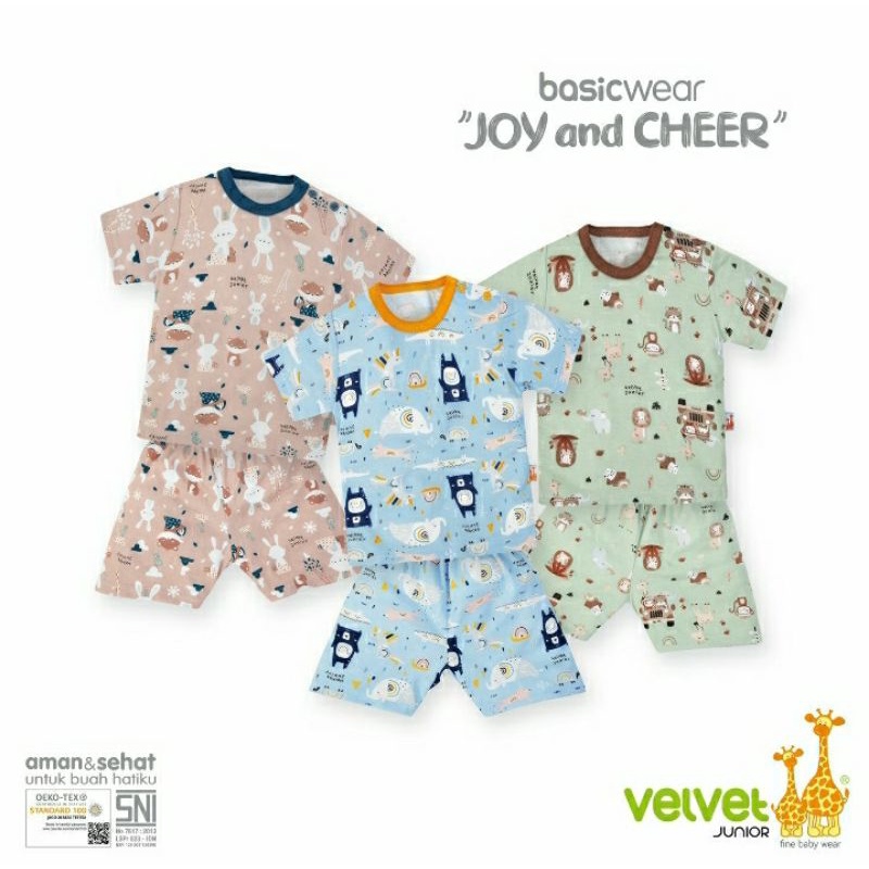 VELVET JUNIOR SIZE XL- 3 SETELAN OBLONG PENDEK + CELANA PENDEK JOY AND CHEER/BAJU ANAK LEMBUT