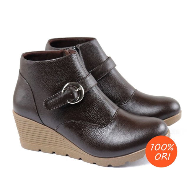 sepatu boots wanita hak tebal ankle wedges terbaru kulit asli Grutty IN151 Coklat