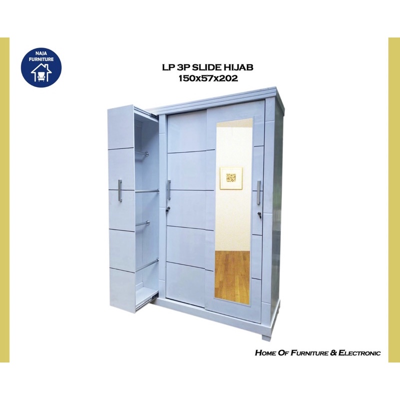 Lemari Pakaian Sliding 3 Pintu Hijab Series (Cermin Panjang) Kayu