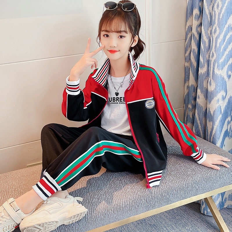 Promo !! Setelan baju anak cewek / setelan jacket trendy blaster gucci import ukuran 5-12tahun (hitam)