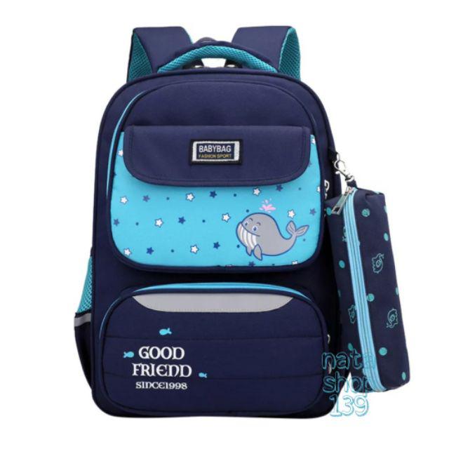 Tas Sekolah Anak Wanita Gendong Karakter Paus 2 in1 Lucu Cantik-Biru