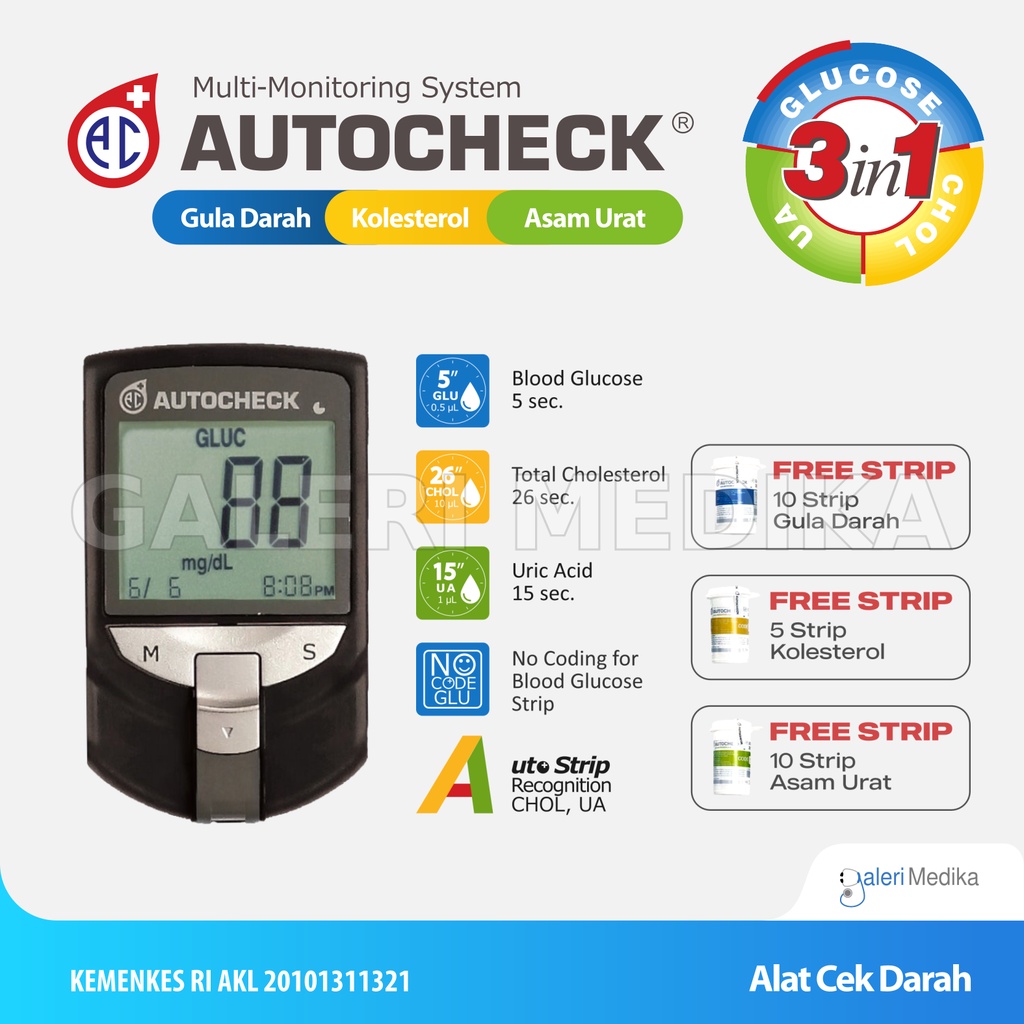 Autocheck GCU 3 in 1 Alat Cek Kadar Gula Darah, Asam Urat, Kolesterol