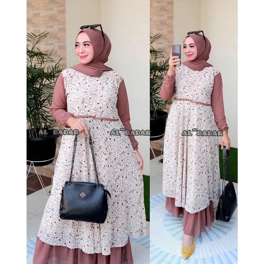 [ BISA COD] GAMIS CERUTY MOTIF KOMBINASI POLOS, DRESS CERUTY BABYDOLL MODEL TERBARU 2021 BY AL BADDAR