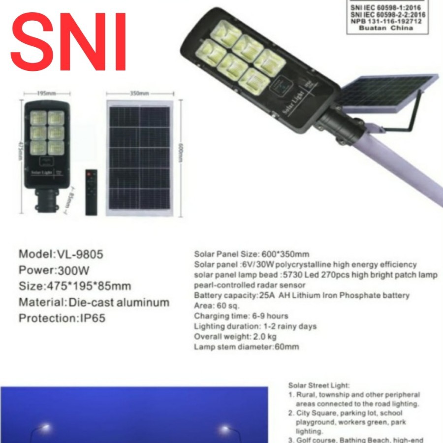 Lampu pju solar 300 watt Kap Jalan 300w Solar Panel SNI Street Light