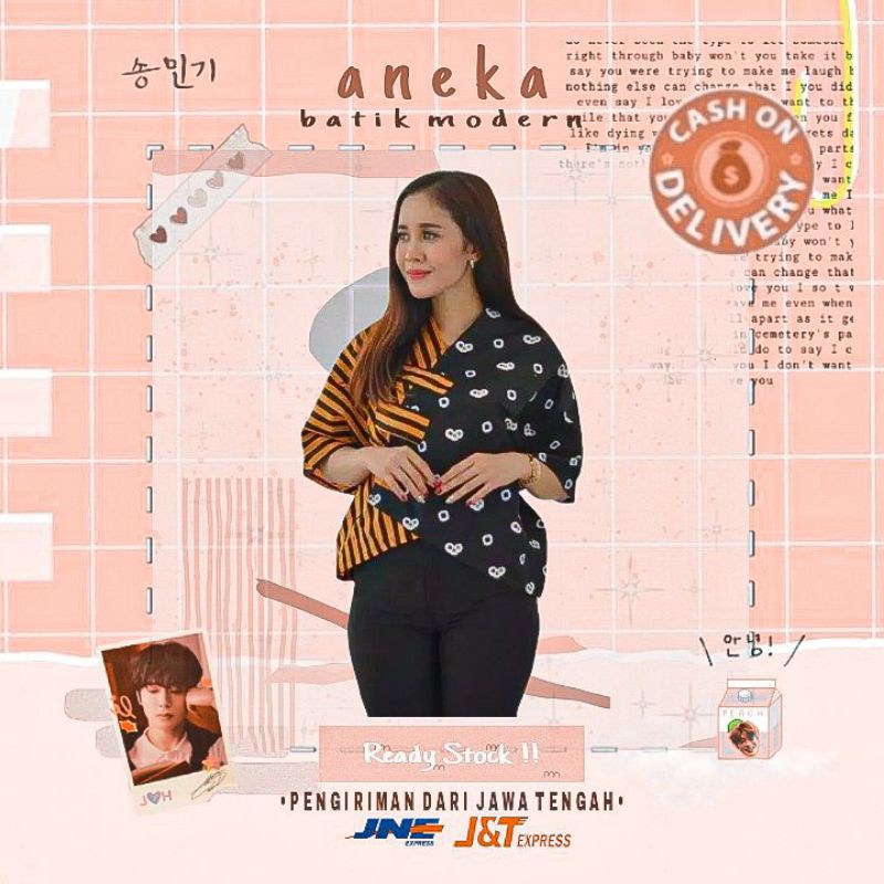 atasan blouse oversize wanita cewek model crop top tee motif lurik lawasan jawa pink biru tosca oren