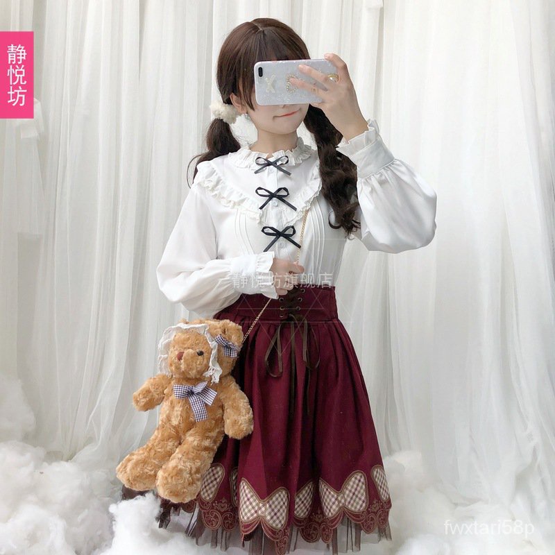 New Lolita White Long Sleeve Ruffles Blouse Woman Peter Pan Collar Cute Bow Flare Sleeve Lolita Styl