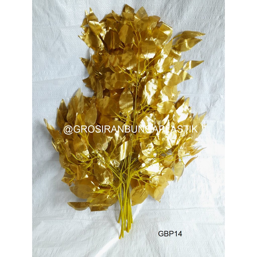 Daun Artificial/Daun Hias/Daun Plastik/Daun Dekorasi/Daun Beringin Gold