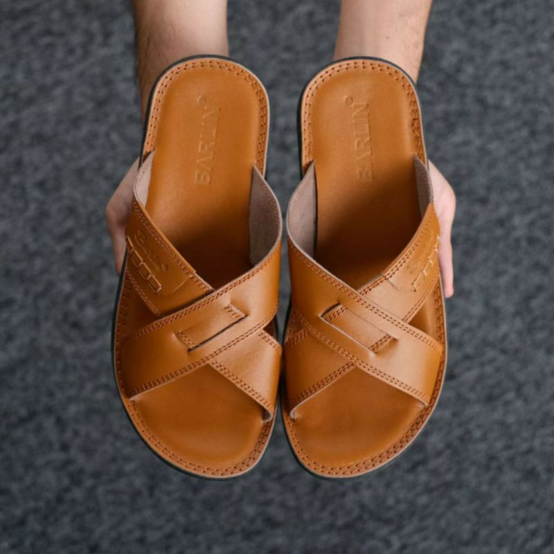 BRLN 002 Tan Sandal Pria Casual Terbaru Sendal Slide Selop Kasual Cowok