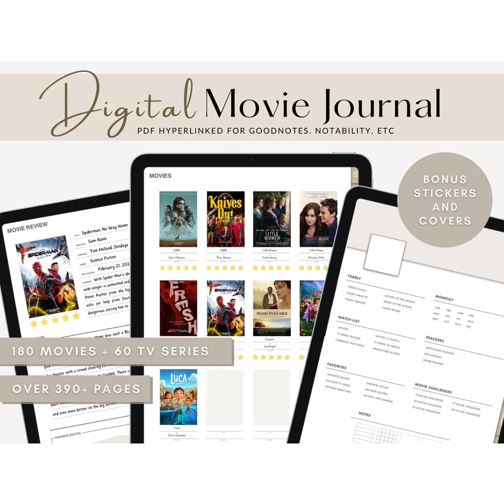 Digital Journal &amp; Planner - Digital Movie Review &amp; Tracker for Goodnotes, Notability, Xodo, (Full Page &amp; Tabs Hyperlinked)