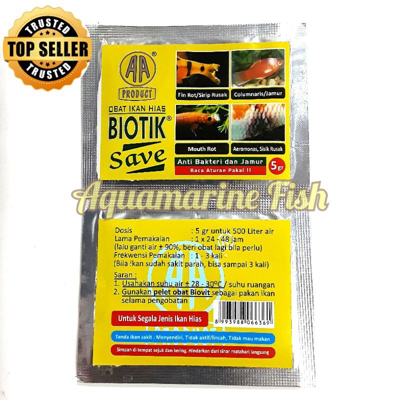 Obat Ikan BIOTIK SAVE Anti Bakteri dan Jamur Fin Rot Sirip Merah Insang Putih 5gr 5 gram Aquamarine Fish