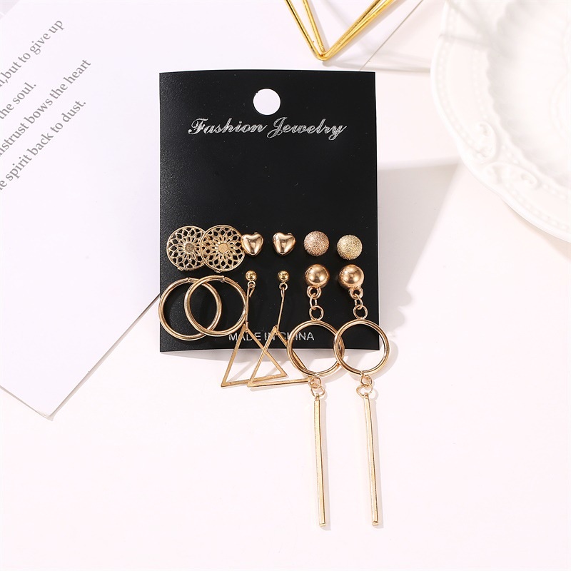 6 Pcs Anting Rumbai Bentuk Hati Geometris Warna Emas Gaya Eropa Amerika Untuk Wanita