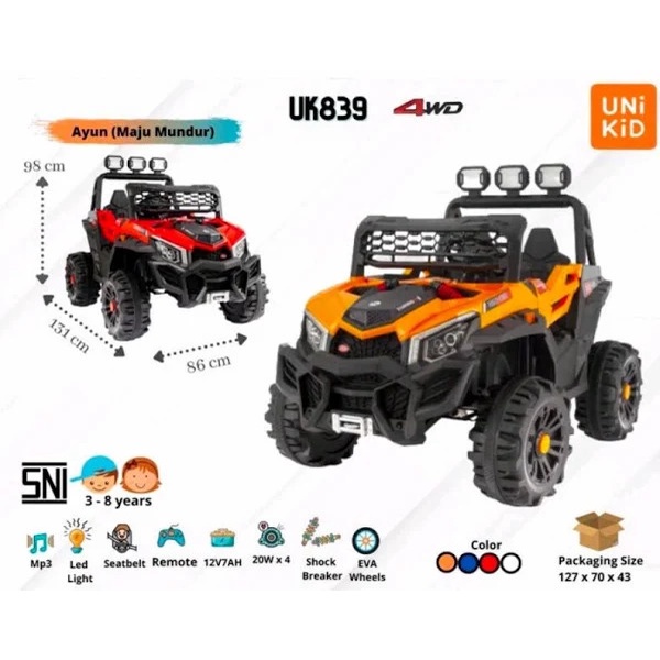 MAINAN MOBIL AKI ANAK MURAH UNIKID 839/836 JEEP 12V 7AH BAN KARET UK-839