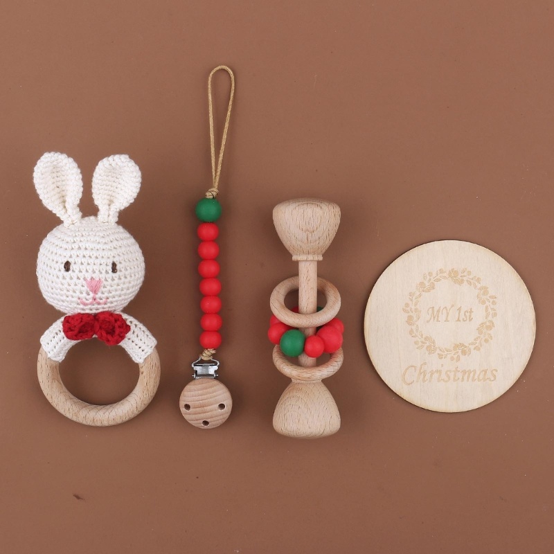 Zzz 4Pcs / Set Mainan Rattle / Teether + Klip / Jepit Bahan Kayu Untuk Bayi