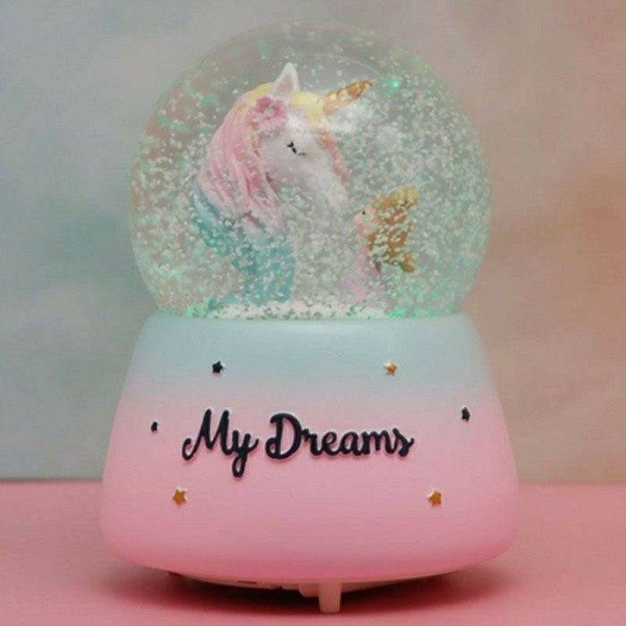 MUSIK-KOTAK- SNOWBALL LAMP - SNOW GLOBE - BOLA MUSIK - BOLA KRISTAL UNICORN GIRL - BIRU -KOTAK-