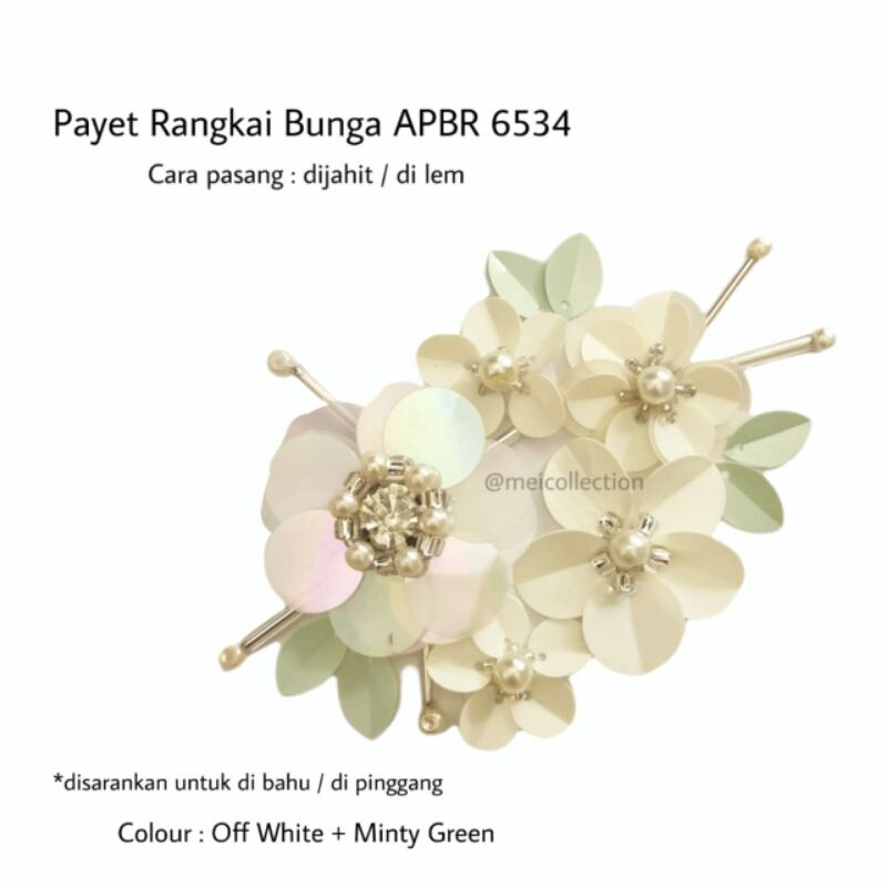 bunga 3d payet APBR 6534 Off white minty green aplikasi bahu pinggang