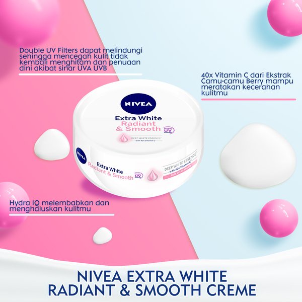 NIVEA Extra WHITE RADIANT  &amp; SMOOTH CREAM Body Care 100 ml / 50 ml / 25 ml - Deep White Essence 40x Vit C &amp; Double UV Protection - Lotion Mencerahkan Kulit tubuh Creme