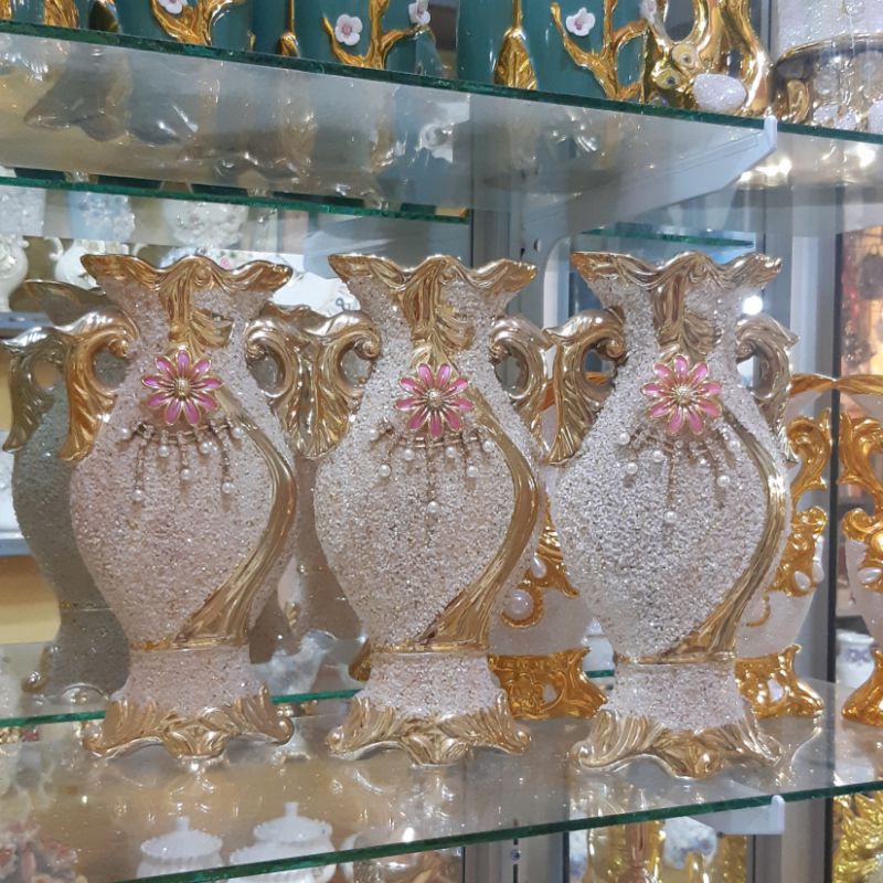 3 Pcs guci pasir warna gold motif bunga timbul Hiasan lemari kaca Pajangan lemari sudut Dekorasi rum
