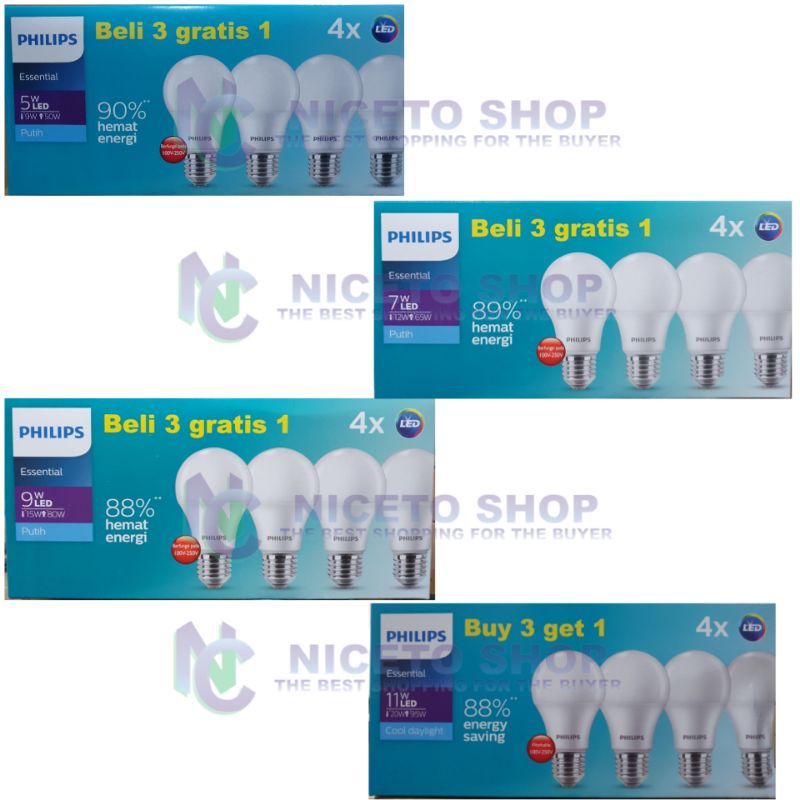 Lampu Philips LED Essential Multipack Essential LED 5W 7W 9W 11W Beli 3 gratis 1