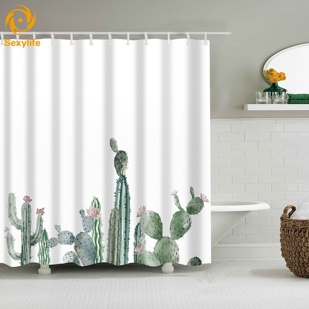 Tirai Shower Kamar Mandi Desain Kaktus Tropis Bahan Polyester