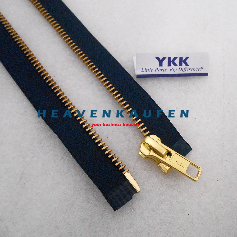 Resleting Zipper Jaket YKK 70 cm / 28 inch Biru Navy Dongker - Gold Emas Type Gigi Besi Set Open End Buka Lepas