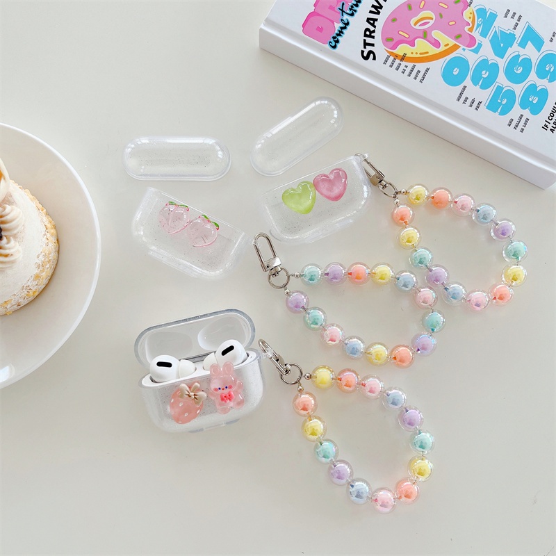 Casing Soft Case Silikon Motif Kartun Aksen Glitter + Strap Mutiara Untuk AirPods 1 / 2 / 3 Pro