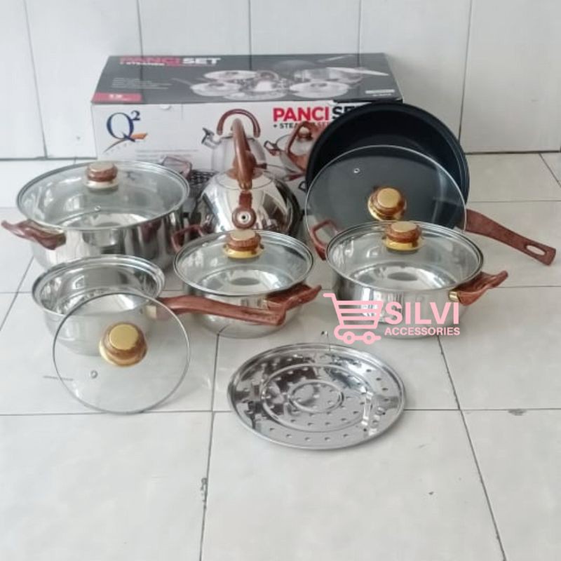Panci Set Stainless Q2 8212 dan 8213 Stainless Soup Pan Panci Set Steamer Serbaguna Q2-8212 Q2-8213