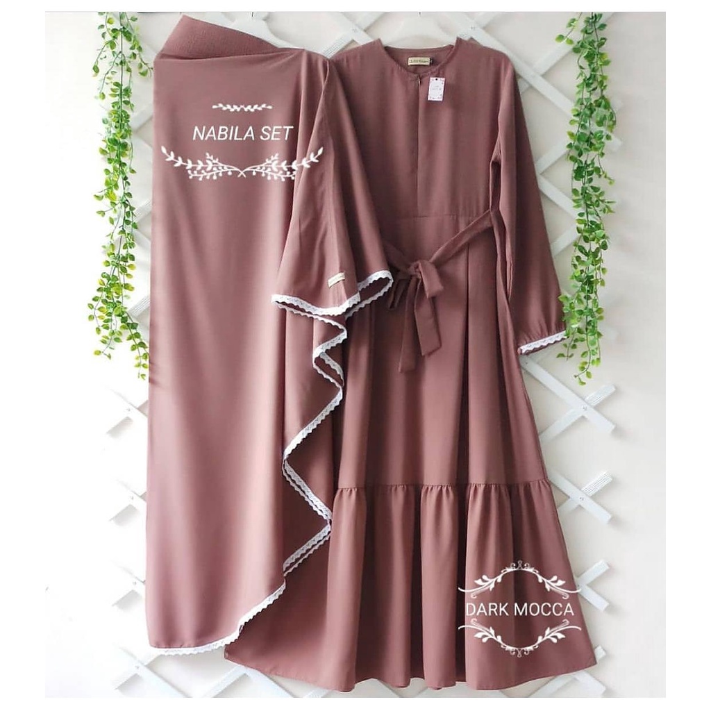 PROMO TERMURAH - Nabila Syari Gamis Set Khimar Muslim Wanita Crepe Aksen Renda Premium-1
