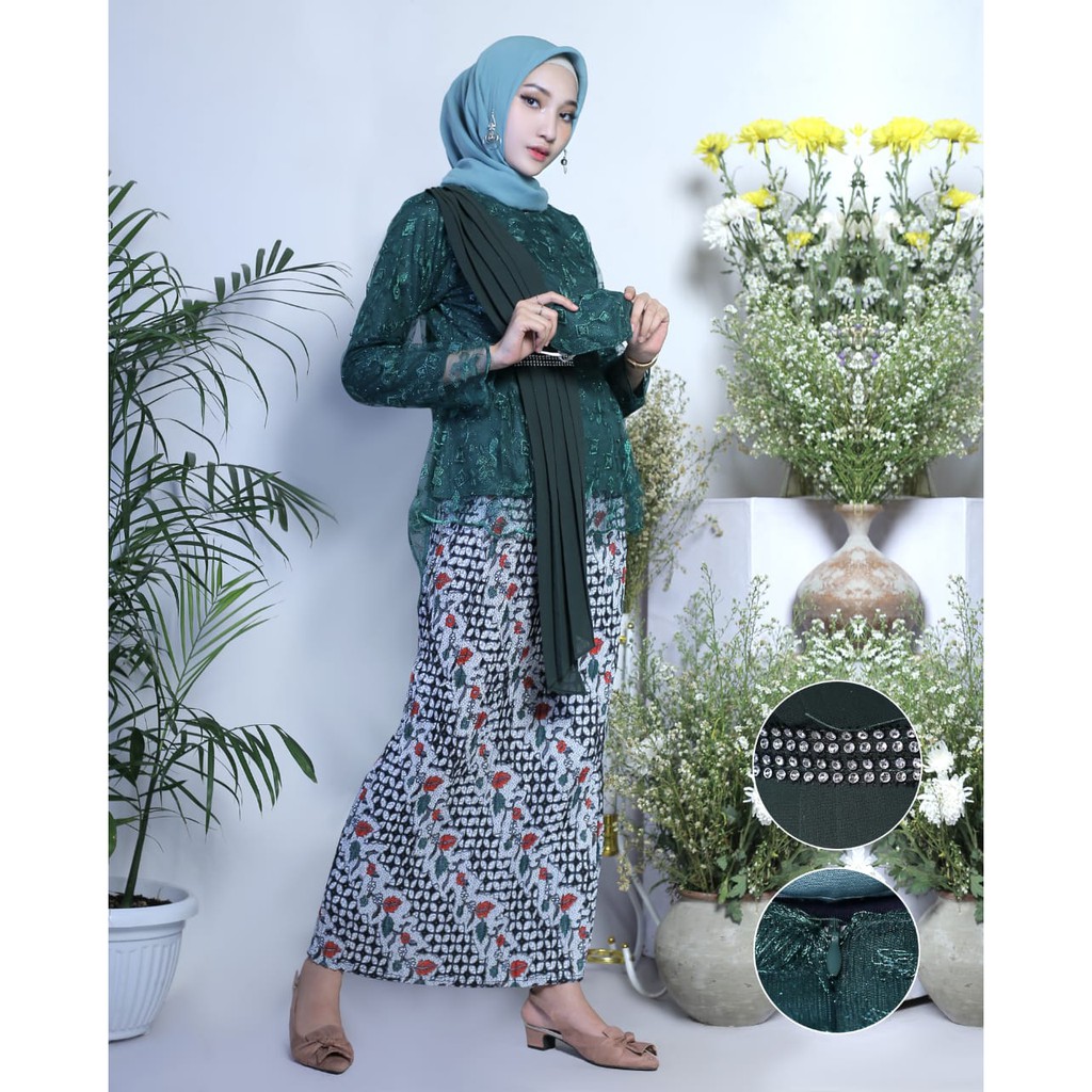 set kebaya aurora selendang termurah Kebaya /Kebaya tulle/Kebaya Wisuda /Baju Kebaya /Kebaya Moder-set hijau