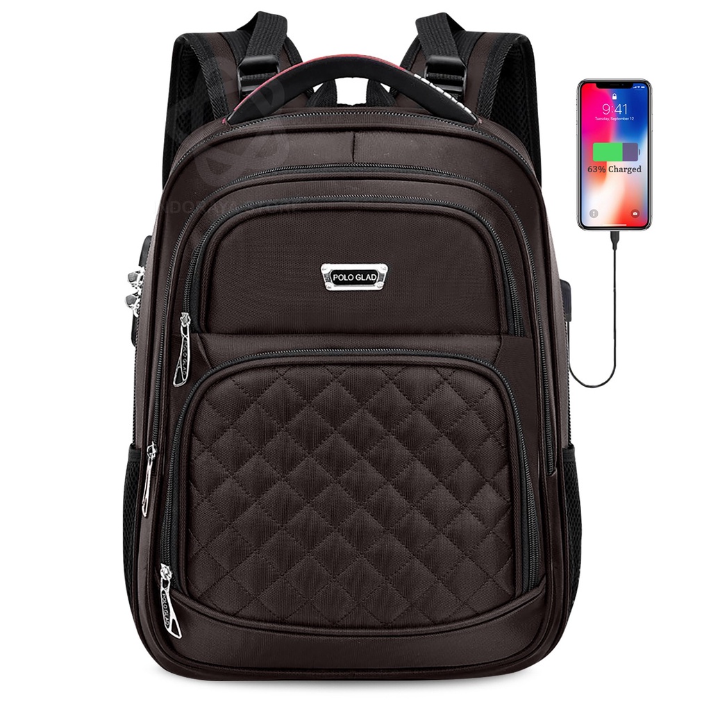POLO GLAD Tas Ransel Sekolah 16 inc Original Backpack Pria Wanita Key Lock FREE USB Port Tas Laptop Ransel Import-Orichocolate E